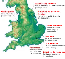 Carte montrant les batailles entre Harold Godwinson et Harald Hardrada au nord, ainsi que le débarquement de Guillaume le Conquérant au sud, sa victoire à Hastings et sa marche sur Londres.