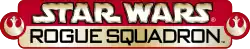 Star Wars: Rogue Squadron est inscrit sur deux lignes en lettres de couleur noir et or sur fond rouge et or.