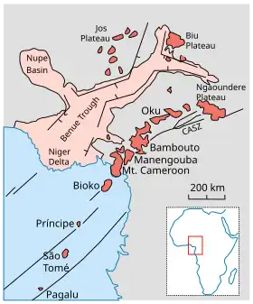 Schéma géologique de la ligne du Cameroun avec les monts Bamboutos au centre.