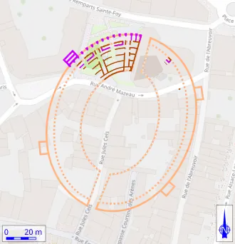 Plan de l'amphithéâtreBizot et Fincker 1992, p.&nbsp;54. .  .mw-parser-output .legende-bloc-centre{display:table;margin:0 auto;text-align:left}.mw-parser-output .legende-bloc ul li{font-size:90%}.mw-parser-output .legende-bloc-vertical ul li{list-style:none;margin:1px 0 0 -1.5em}.mw-parser-output .legende-bloc-vertical ul li li{list-style:none;margin:1px 0 0 -1.0em}