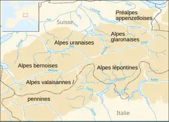Carte de localisation des Alpes uranaises dans les Alpes centrales.