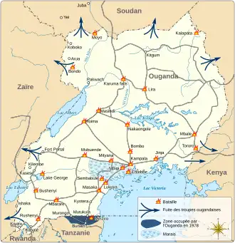 Carte de l'Ouganda montrant les différents lieux des batailles de la guerre ougando-tanzanienne.