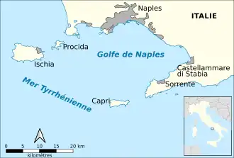 Carte de la baie de Naples avec les trois principales îles de l’archipel campanien.