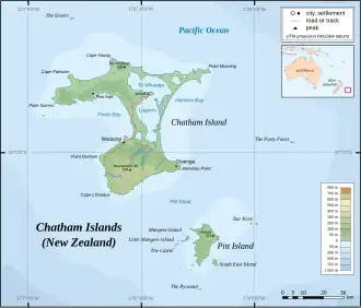 Carte de l'archipel des îles Chatham. Les Star Keys sont situées à l'est de l'Île Pitt.