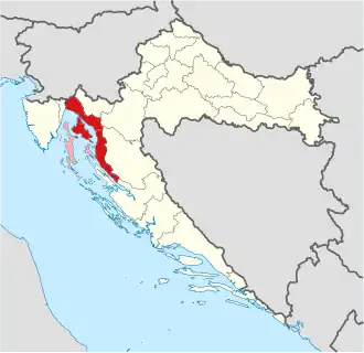 La région du littoral croate sur une carte de Croatie.