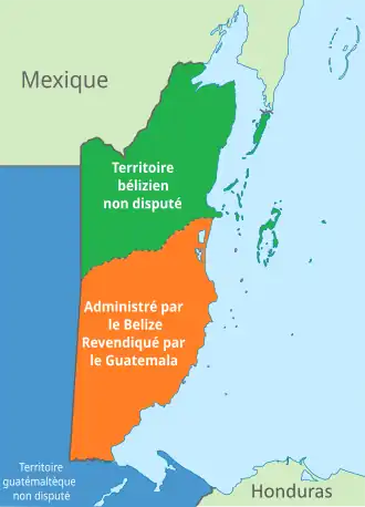 Revendications territoriales du Guatemala sur le Belize. En vert, territoire non revendiqué. En orange, territoire revendiqué.