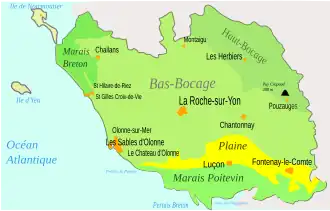 Carte du département de la Vendée avec le Haut-Bocage à l'est ; le puy Crapaud est l'un de ses points culminants.