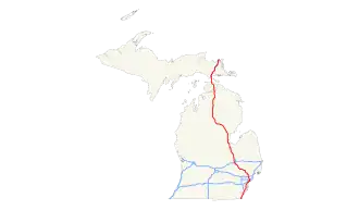 Le parcours de l'Interstate 75, en rouge, dans l'État du Michigan.