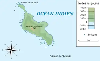 Carte de l'île des Pingouins avec l'emplacement du mont des Manchots.