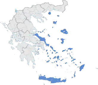 Carte de localisation des îles Égéennes grecques (en bleu) ; les îles turques sont manquantes.