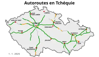 Carte des autoroutes tchèques, au 1er janvier 2025