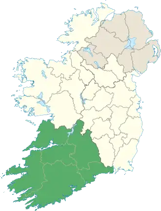 Carte représentant le Munster en Irlande, occupant la partie sud-ouest de l'île.