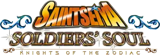 Logo anglais du jeu composé de lettres bleus et jaune formant « Saint Seiya : Soldiers' Soul » et en or au dessus d'un texte plus petit « Knights of the Zodiac ».