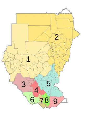 Diocèses du Soudan (1 et 2), et du Soudan du Sud (3 à 9). L'archidiocèse de Djouba est le no&nbsp;8