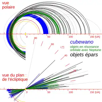 Ceinture de Kuiper et objets épars : orbites typiques des cubewanos (en bleu), des twotinos et autres résonances (en vert), des objets épars (en noir).