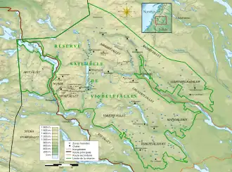 Carte de la réserve naturelle de Vindelfjällen avec le massif à l'ouest.