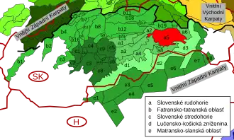 Carte des subdivisions des Carpates occidentales intérieures avec les monts de Volovec en rouge.
