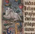 Détail du bandeau marginal du folio 13 verso : brebis au repos