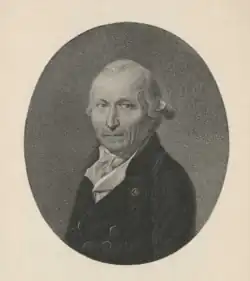 Gravure représentant Le Bouvier-Desmortiers, coiffé d'une perruque et vêtu d'une veste.