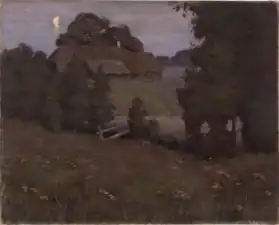 Ludvig Oskar (1874—1951), Paysage avec ferme et lune, vers 1930. Toile, huile.