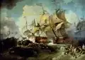 « Lord Howe's action, or the Glorious First of June » par Philippe-Jacques de Loutherbourg : HMS&nbsp;Queen Charlotte, navire amiral de Richard Howe