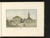 Bex au début du XIXe siècle. De gauche à droite : les Dents du Midi, la cure protestante et le temple.
