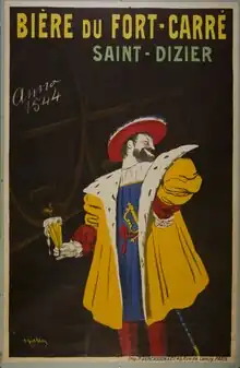 Affiche publicitaire réalisée en 1912 pour la brasserie du Fort-Carré de Saint-Dizier, dans laquelle Cappiello représente un des épisodes historiques les plus marquants de la ville de Haute-Marne - Bibliothèque municipale de Lyon, mis en ligne sur Numelyo