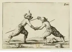 Gravure représentant deux nobles en cours de duel à l'époque de Louis XIII.