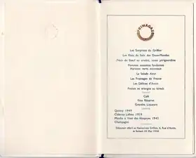 Menu du déjeuner Primagaz du 20 mai 1950 en présence de Jean Inglessi, fondateur de la société.