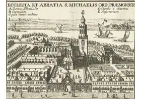 L'abbaye Saint-Michel d'Anvers (gravure du XVIIe&nbsp;siècle d'après Pierre-Paul Rubens)..